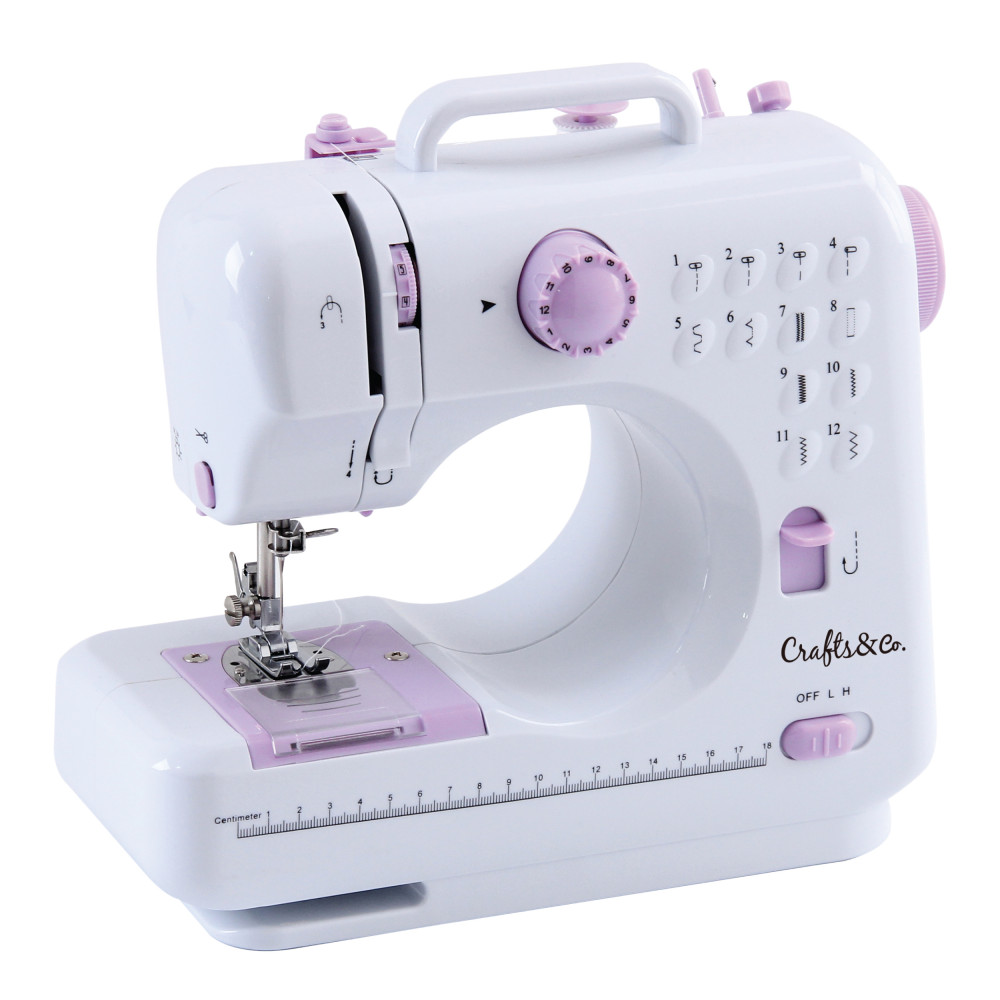 Household Desktop Electric Sewing Machine 2 Speeds Double Thread Automatic Needle Threader Crafting Sewing Machine for Beginners 12 Built-in Stitches Portable Sewing Machine 