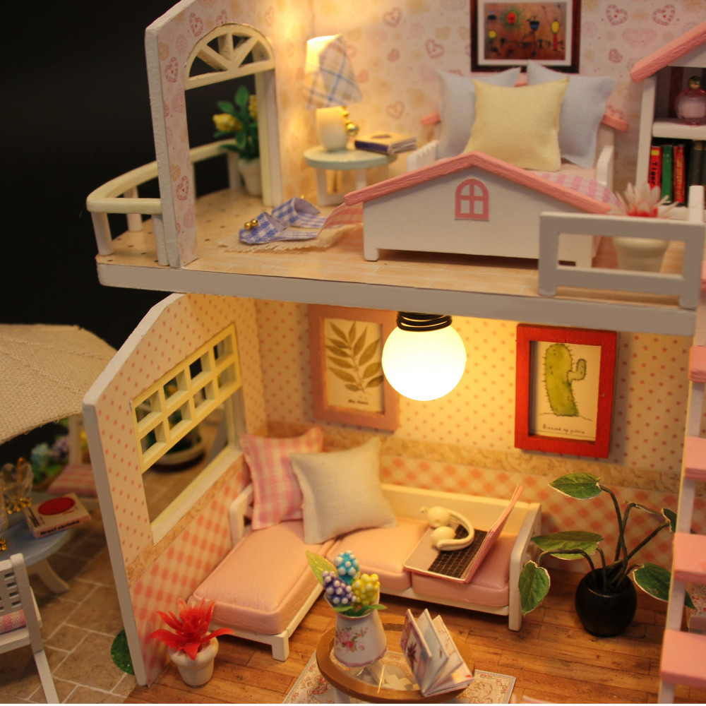 DIY Wooden Doll House Furniture Kits LED Light Miniature Christmas Room Puzzle 