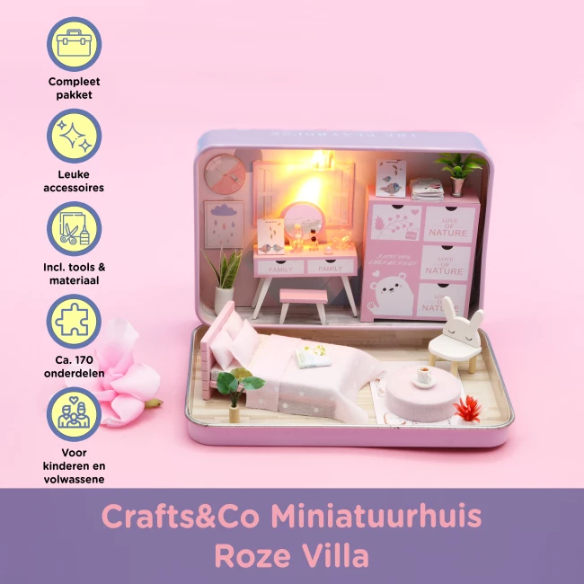 Modelbouwpakket Miniatuur Poppenhuis - Roze Slaapkamer