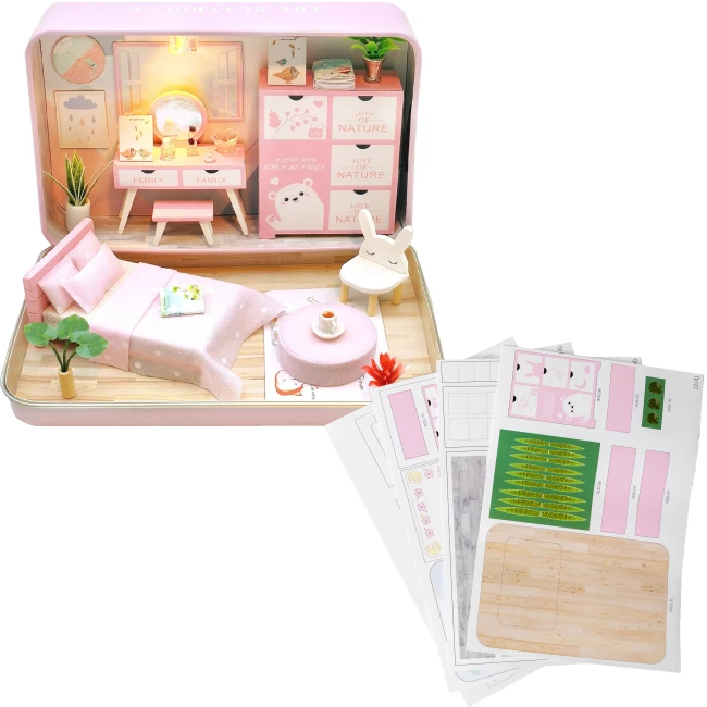 Modelbouwpakket Miniatuur Poppenhuis - Roze Slaapkamer