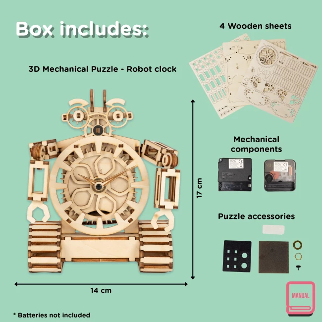 Wooden Construction Kit for Adults - Robot Clock