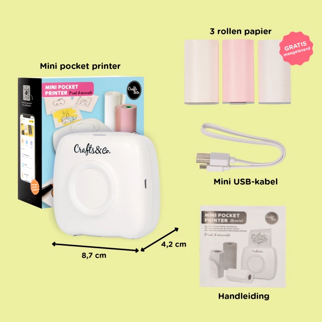 Mini Pocket Printer - Combideal met 3x Gekleurd Papier en 3x Wit Papier