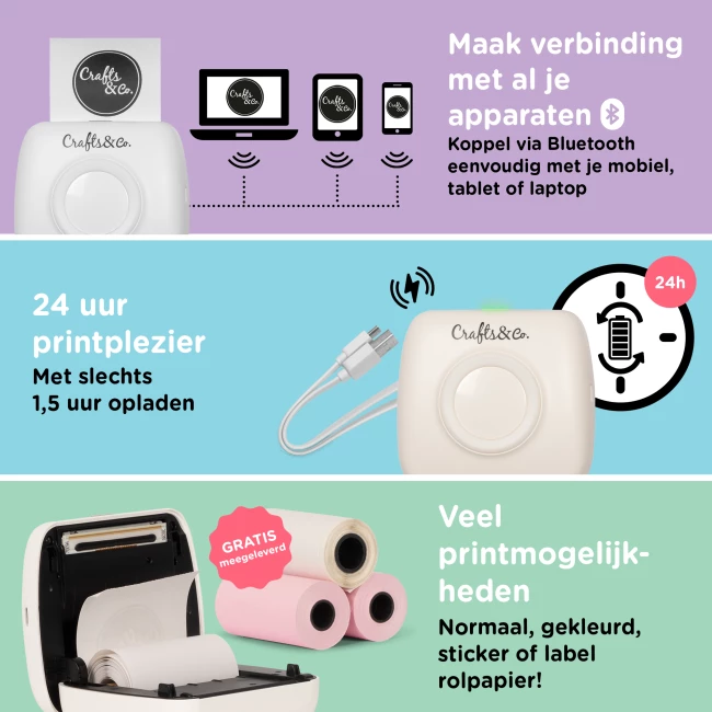 Mini Pocket Printer - Combideal met 3x Gekleurd Papier en 3x Wit Papier